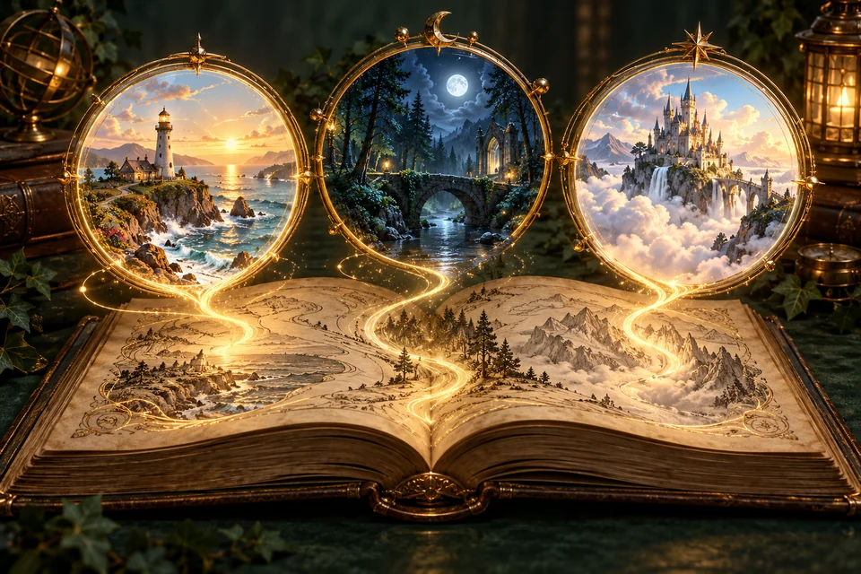 An illustrated storybook opening onto several parallel worlds