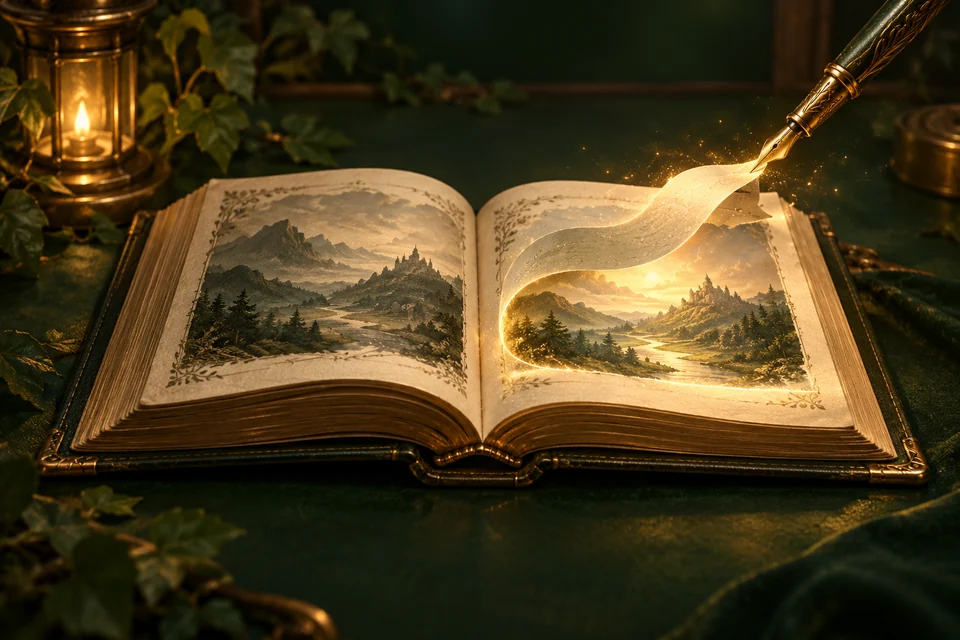 A golden pen reshaping a passage in an open storybook