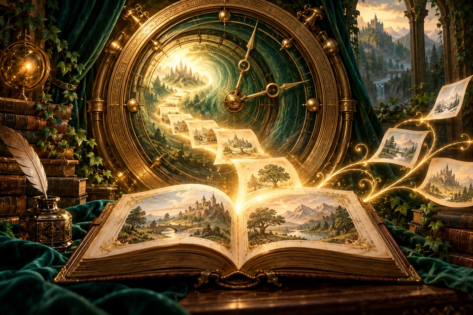 An illustrated time machine returning to a moment in a story