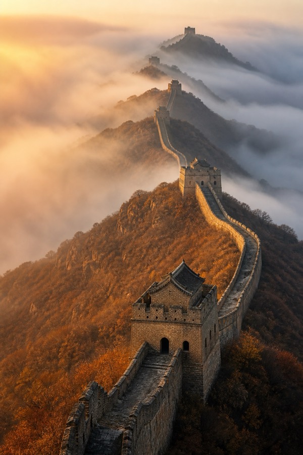 The Great Wall at Jinshanling in morning mist