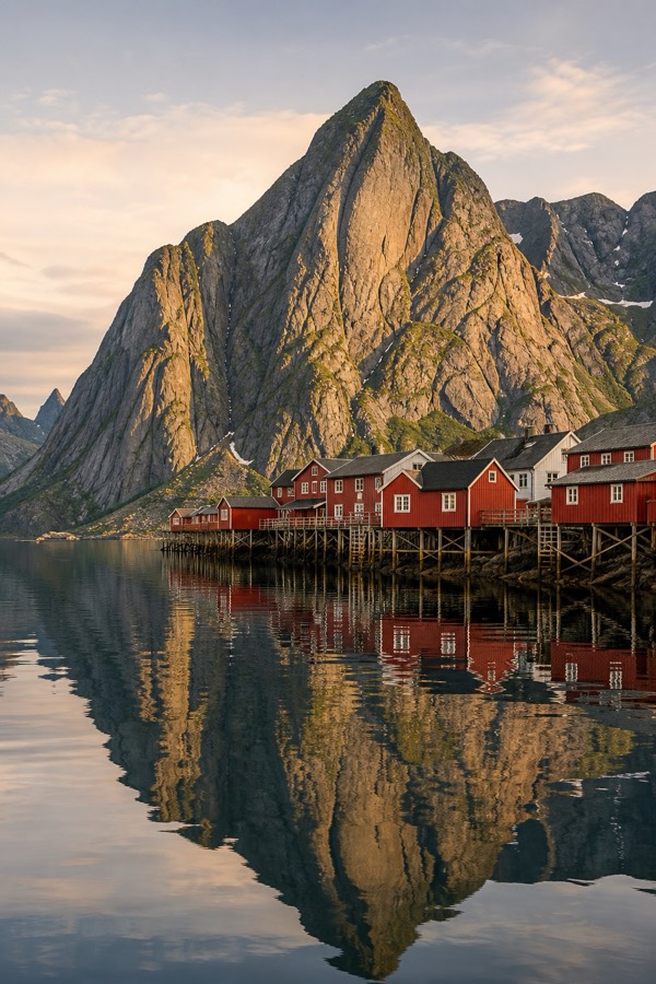 Red fishing cabins beneath granite peaks at Reine, Lofoten