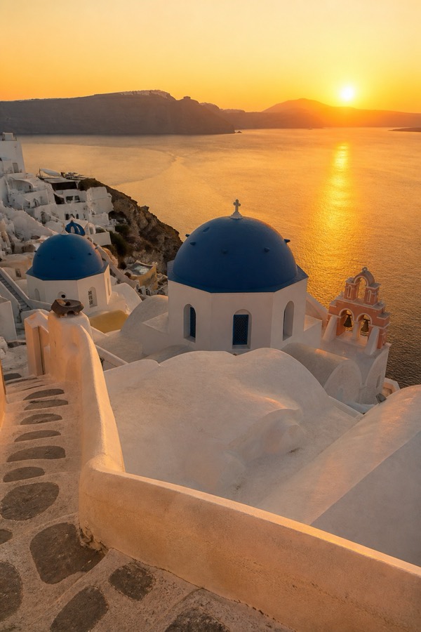 Whitewashed cliffside terrace in Oia, Santorini at golden hour
